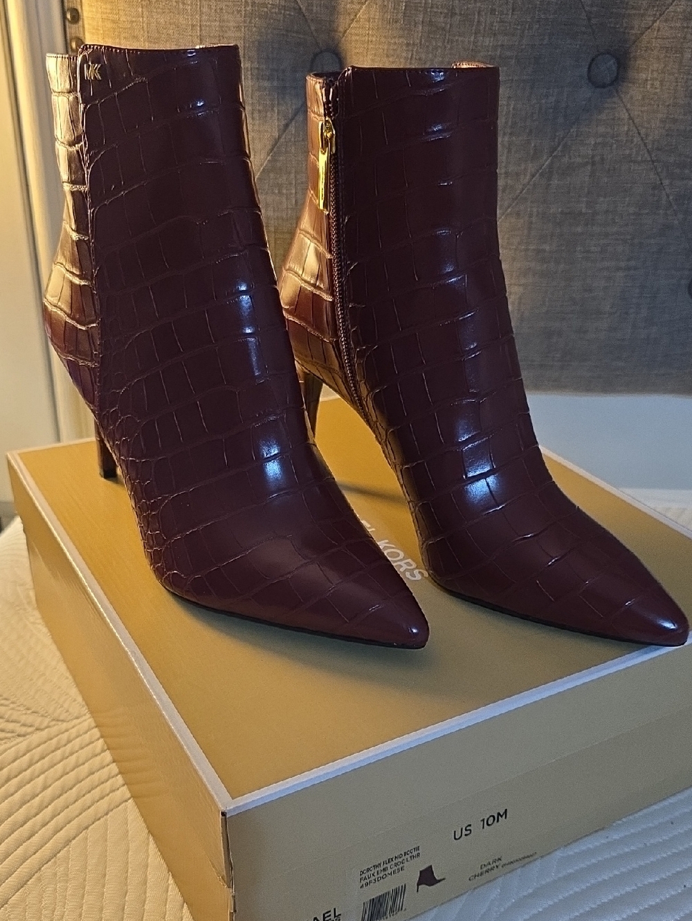 Michael Kors Burgundy Croc-Embossed Pointed Toe Ankle Booties